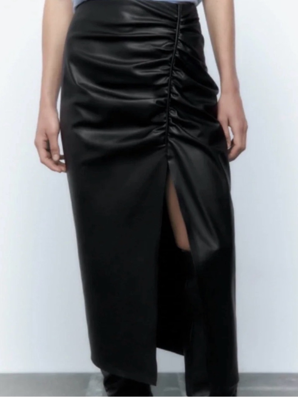 Zara Black Faux Leather Ruched Side Slit Skirt